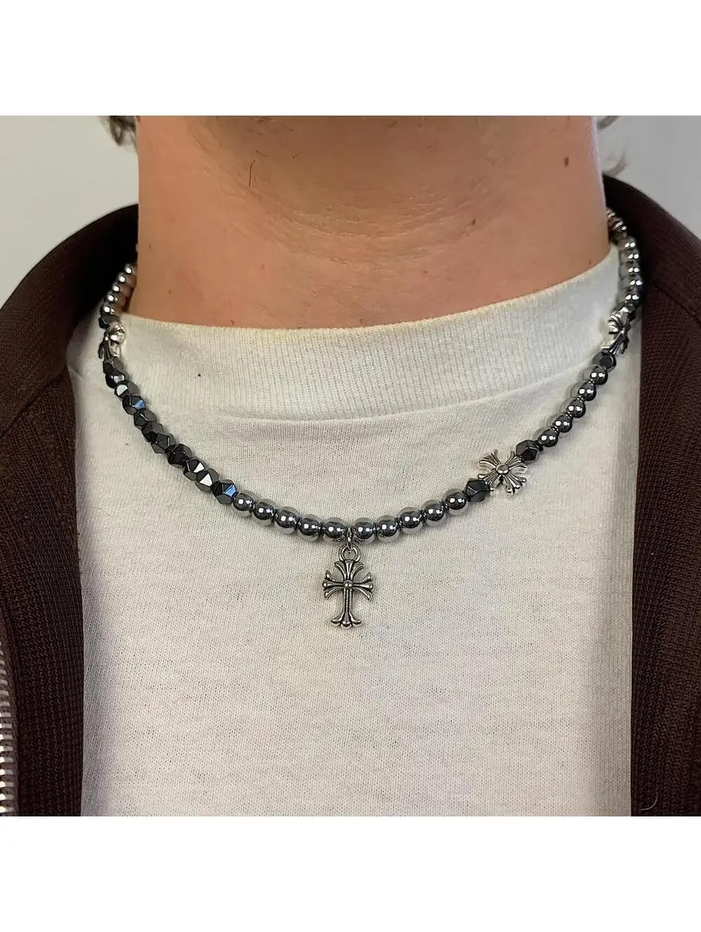 Cyber y2k 2000s style grunge chrome pearl rhinestone silver cross pendant Cuban